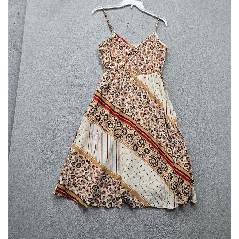 Aerie Women Dress M Orange Floral Patchwork Geometric Midi A Line Boho V Neck
